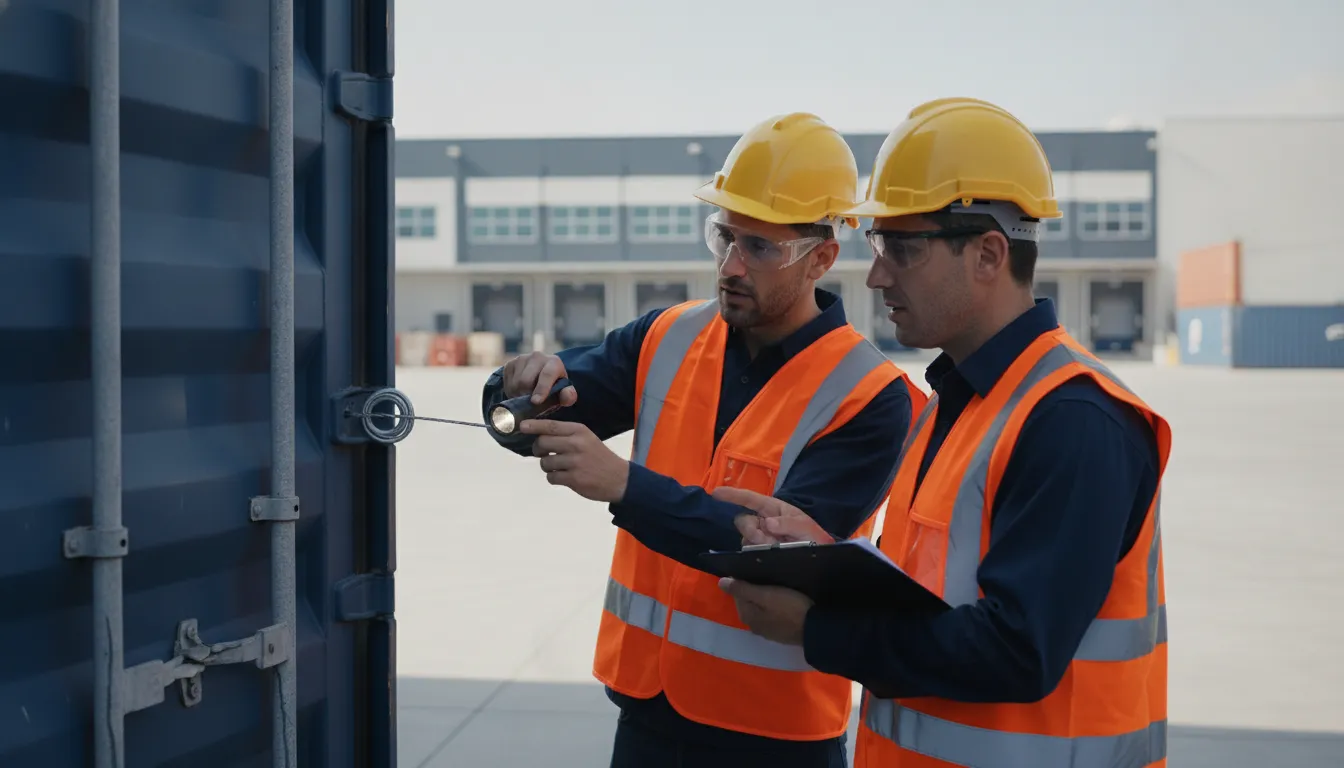 Warehouse workers inspecting a secured cargo container door and bolt seal at a distribution yard
