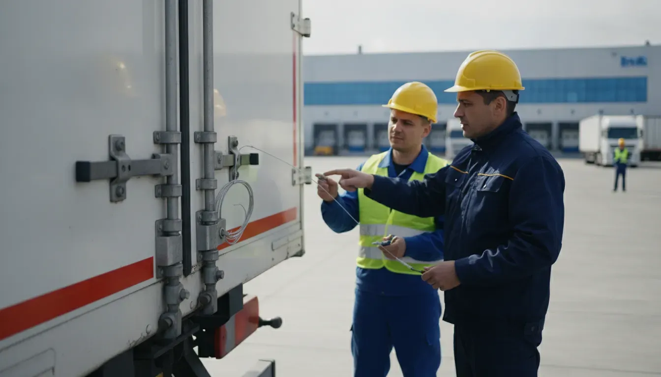 Fleet team inspecting a trailer door lock and tamper-evident seal