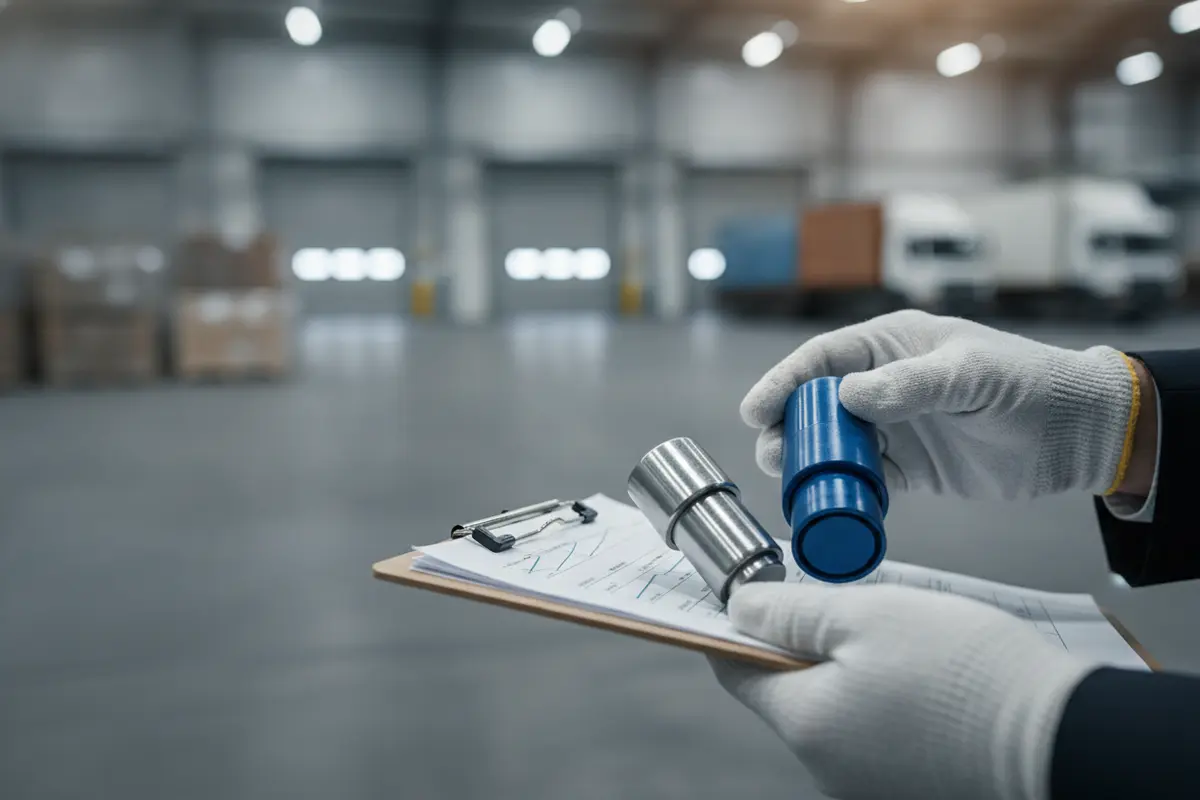 Procurement specialist comparing bolt seals beside shipment paperwork in a warehouse
