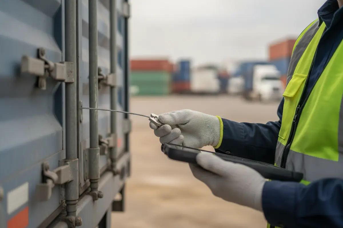 Receiver checking a serialized cable seal against a shipment record at a trailer door