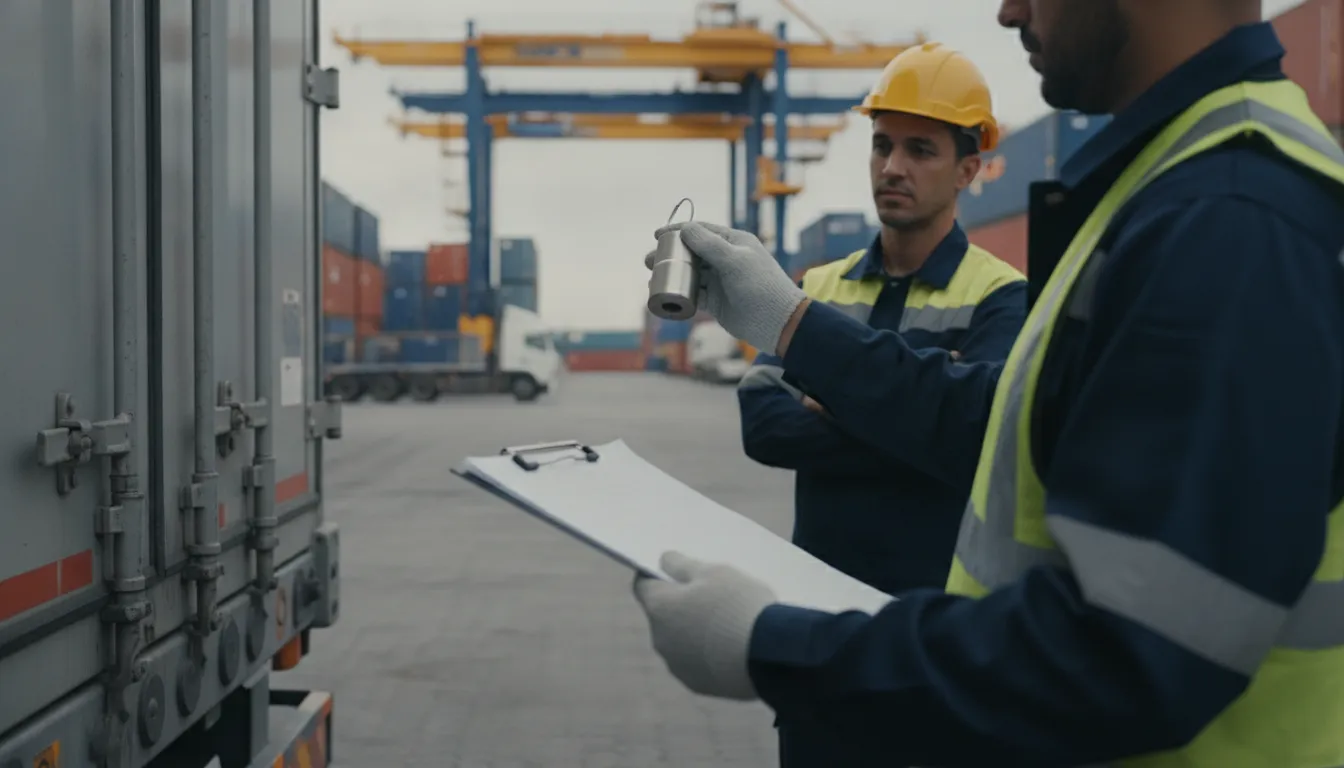 Worker inspecting a security seal during a freight handoff