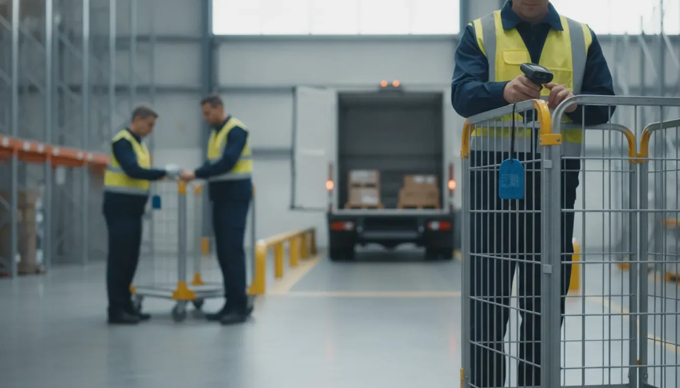 Fulfillment center team scanning a serialized seal on a rolling cargo cage during a last-mile handoff