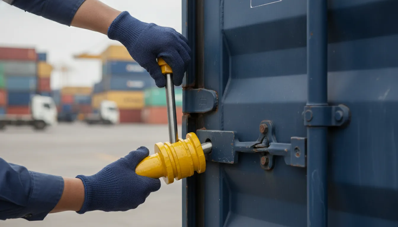 High-security bolt seal being applied to an ISO container door latch