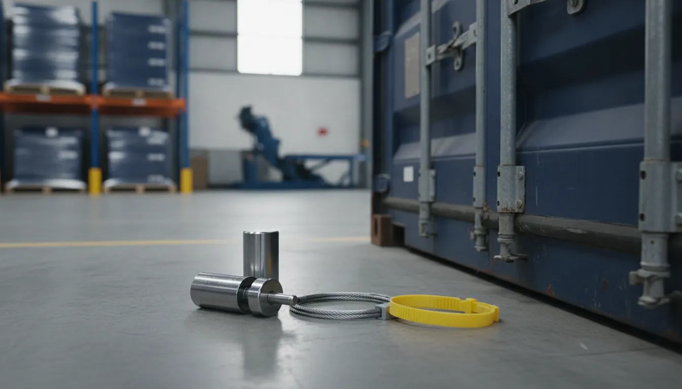 Comparison of bolt cable and indicative seals beside an ISO container door latch