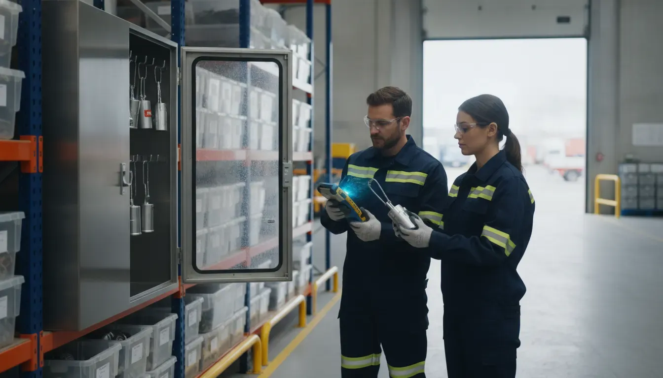 Warehouse supervisors comparing a serialized cargo seal during inventory control