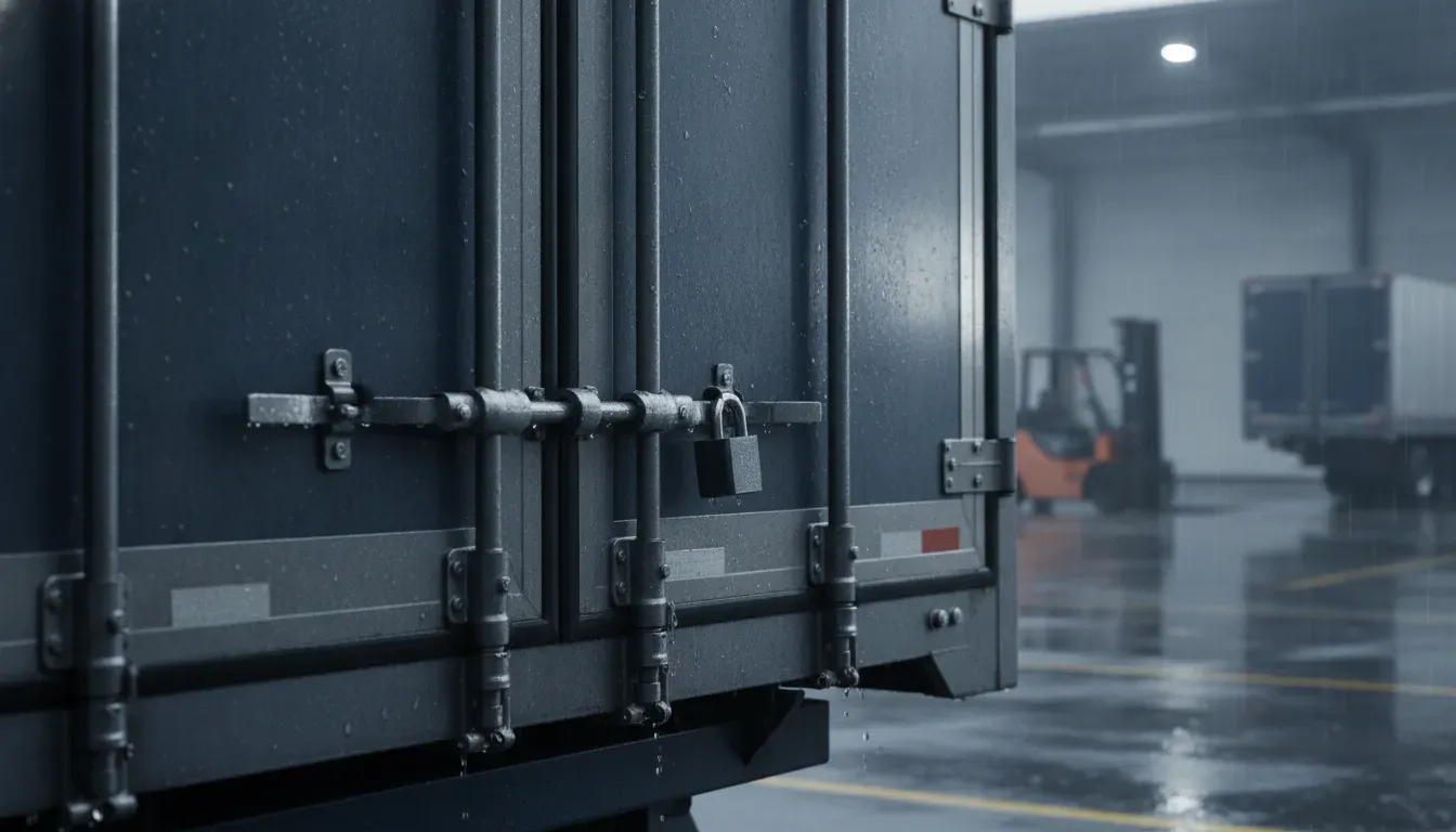 Weather-resistant trailer door lock on commercial cargo doors in rain