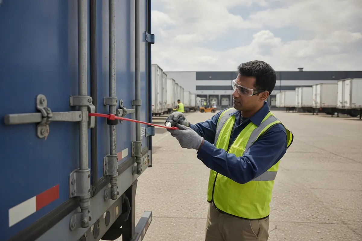 Worker checking a seal at a trailer door during a cargo inspection