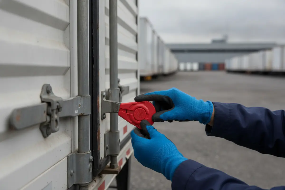 Worker fastening a serialized security seal through a trailer door hasp before dispatch.