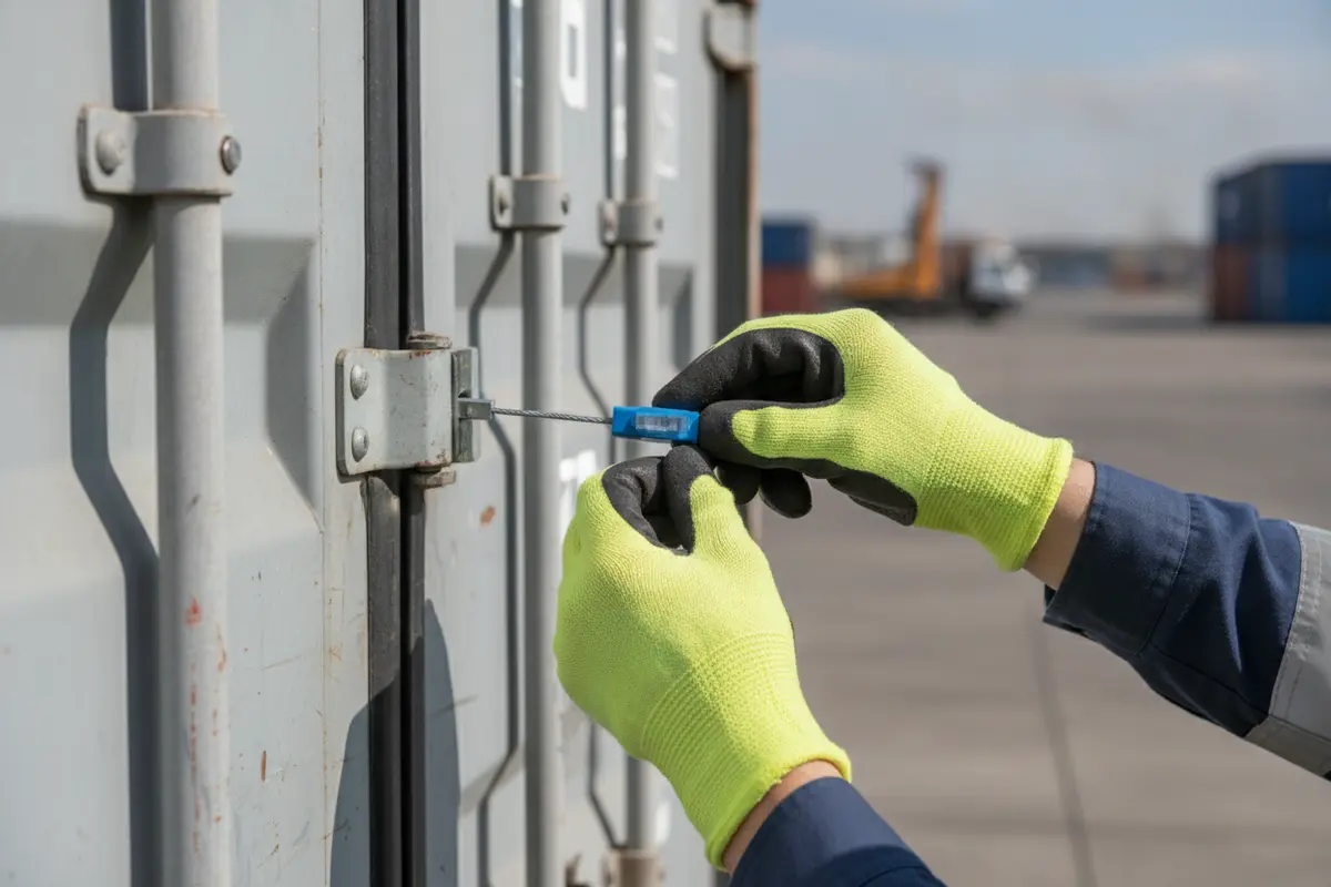 Worker inspecting a numbered tamper-evident seal on a closed cargo door