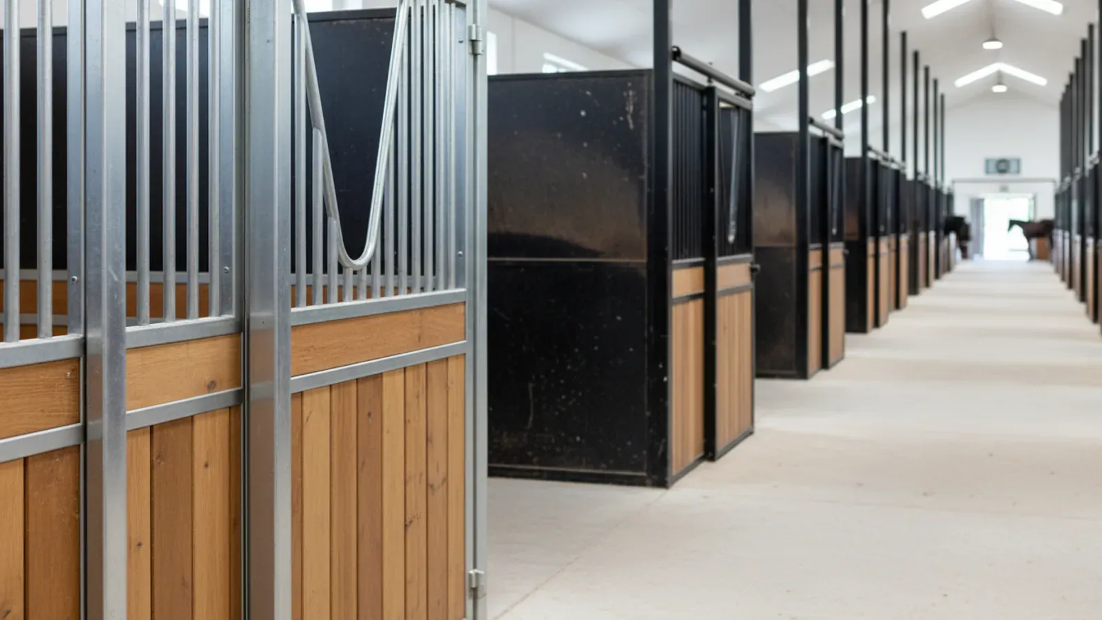 Aluminum horse stalls vs steel horse stalls in a clean modern barn aisle