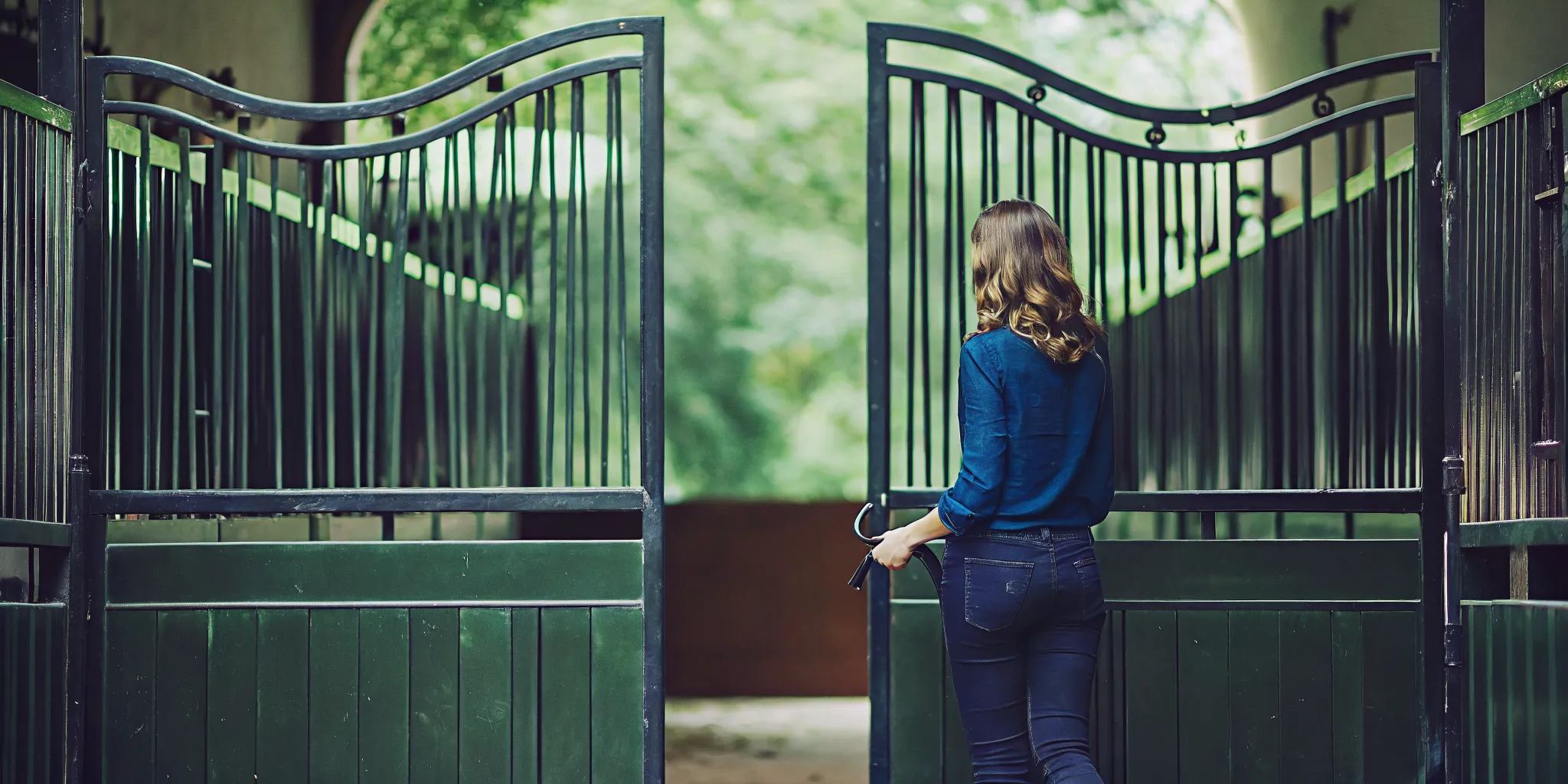 Black aluminum gossip gate installed across a horse stall doorway