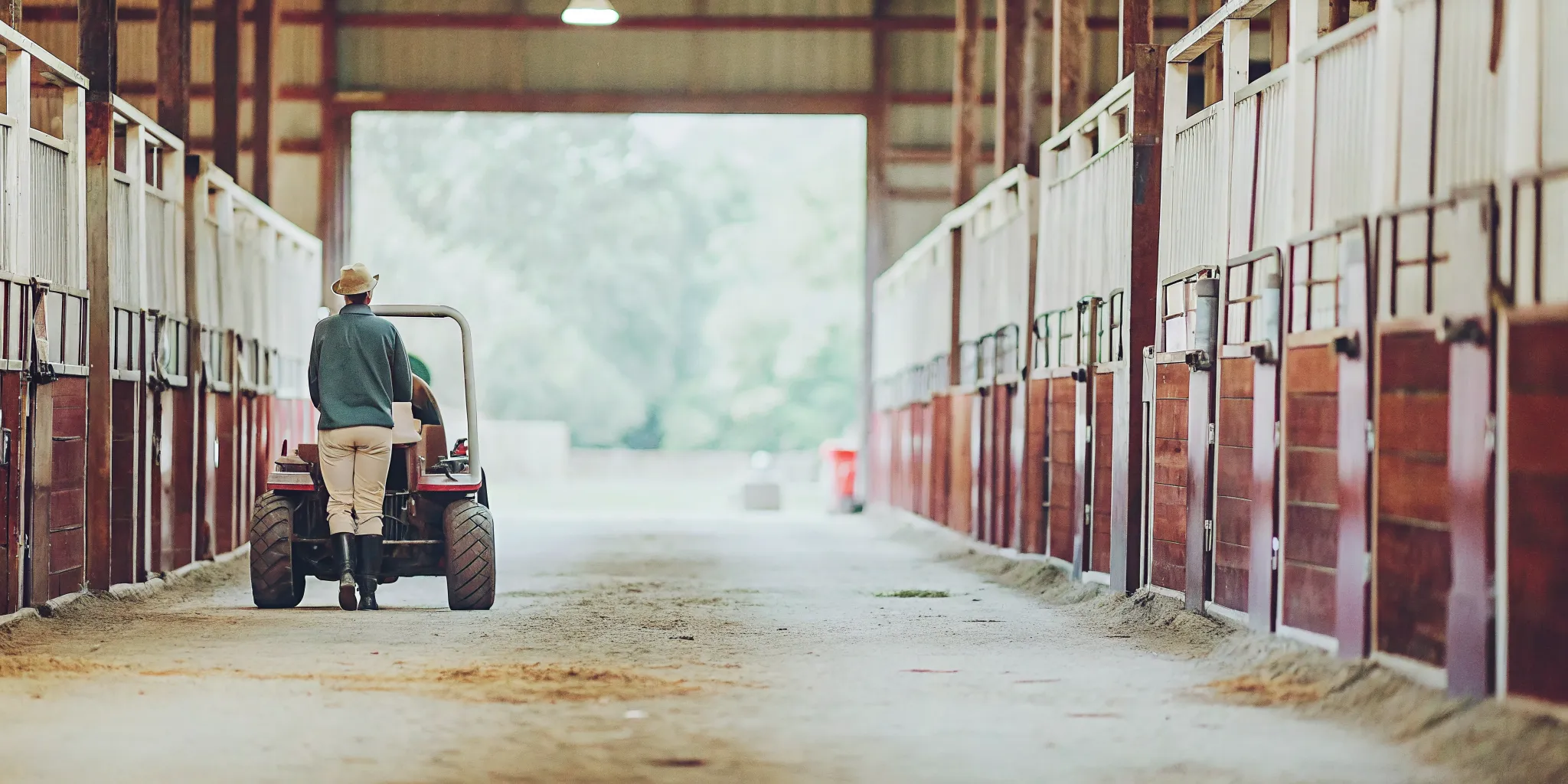 Tractor route aligned with open end barn doors for equipment access planning