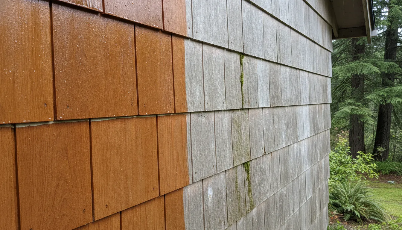 Fresh protective finish applied during cedar siding maintenance