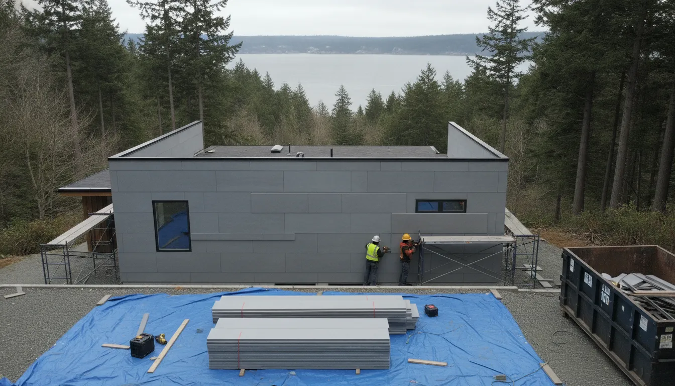 Siding crew installing fiber cement siding on a Puget Sound home