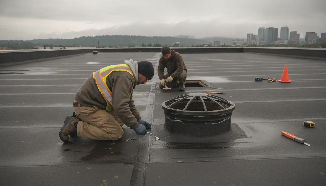 Flat roof repair companies checking seams and drainage on a commercial roof