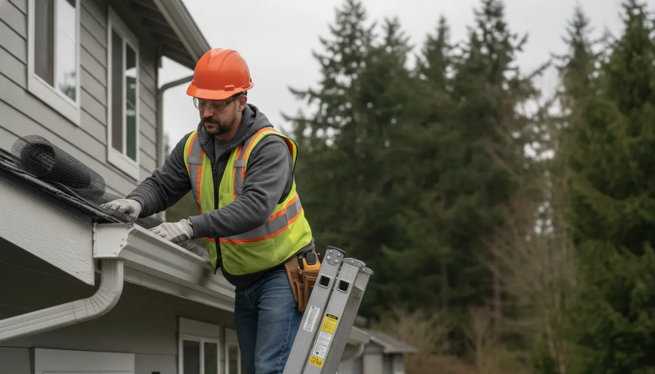 Professional preparing a residential gutter for gutter guard installation