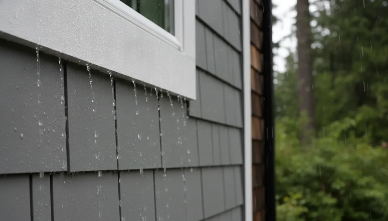 Rain shedding from properly installed gray Hardie board siding and trim