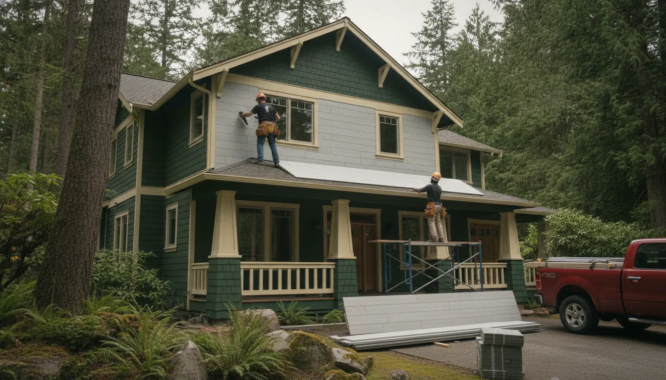 Crew aligning Hardie board siding on a Washington craftsman home
