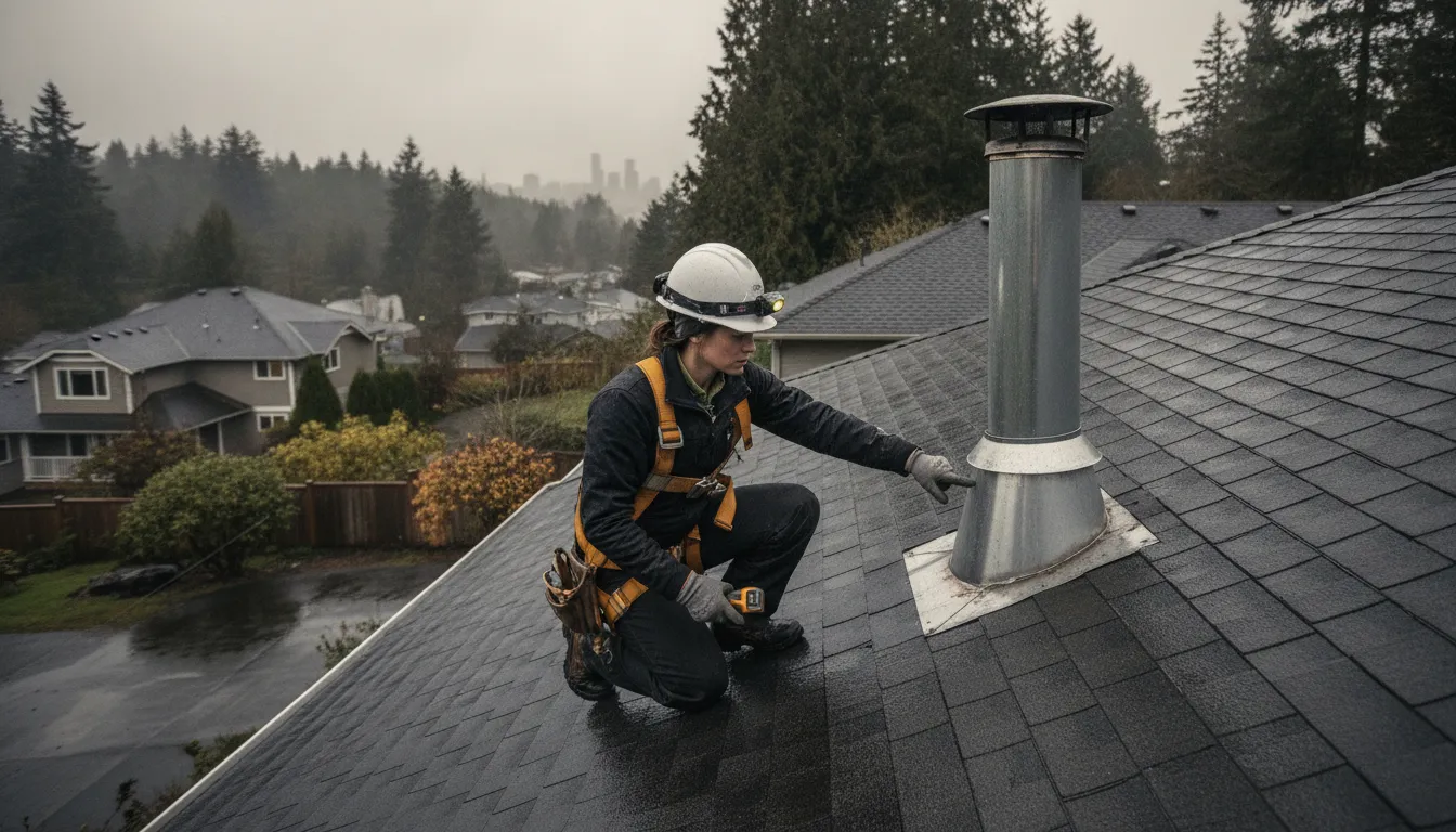 Roofing contractor inspecting flashing on a Seattle-area home