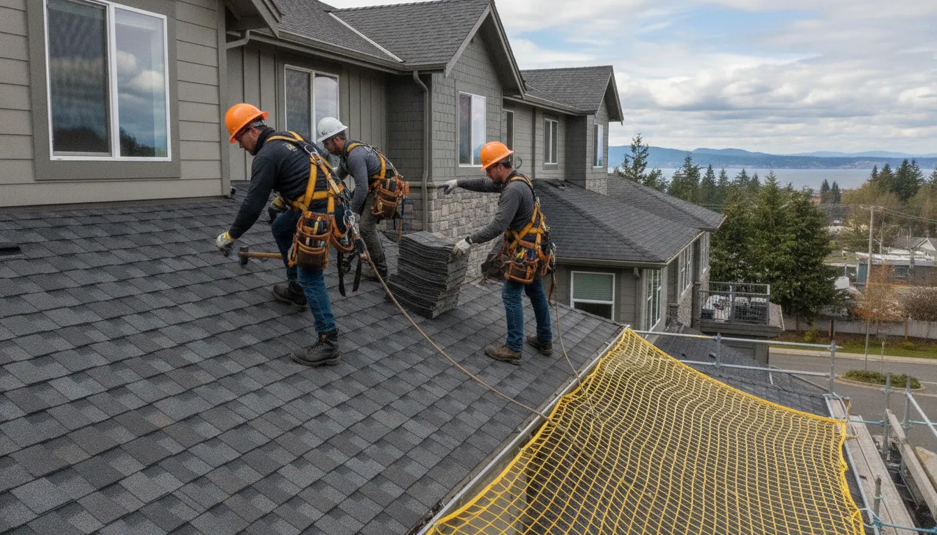 Professional HOA roofing contractor crew installing composition shingles on townhomes in Redmond Washington