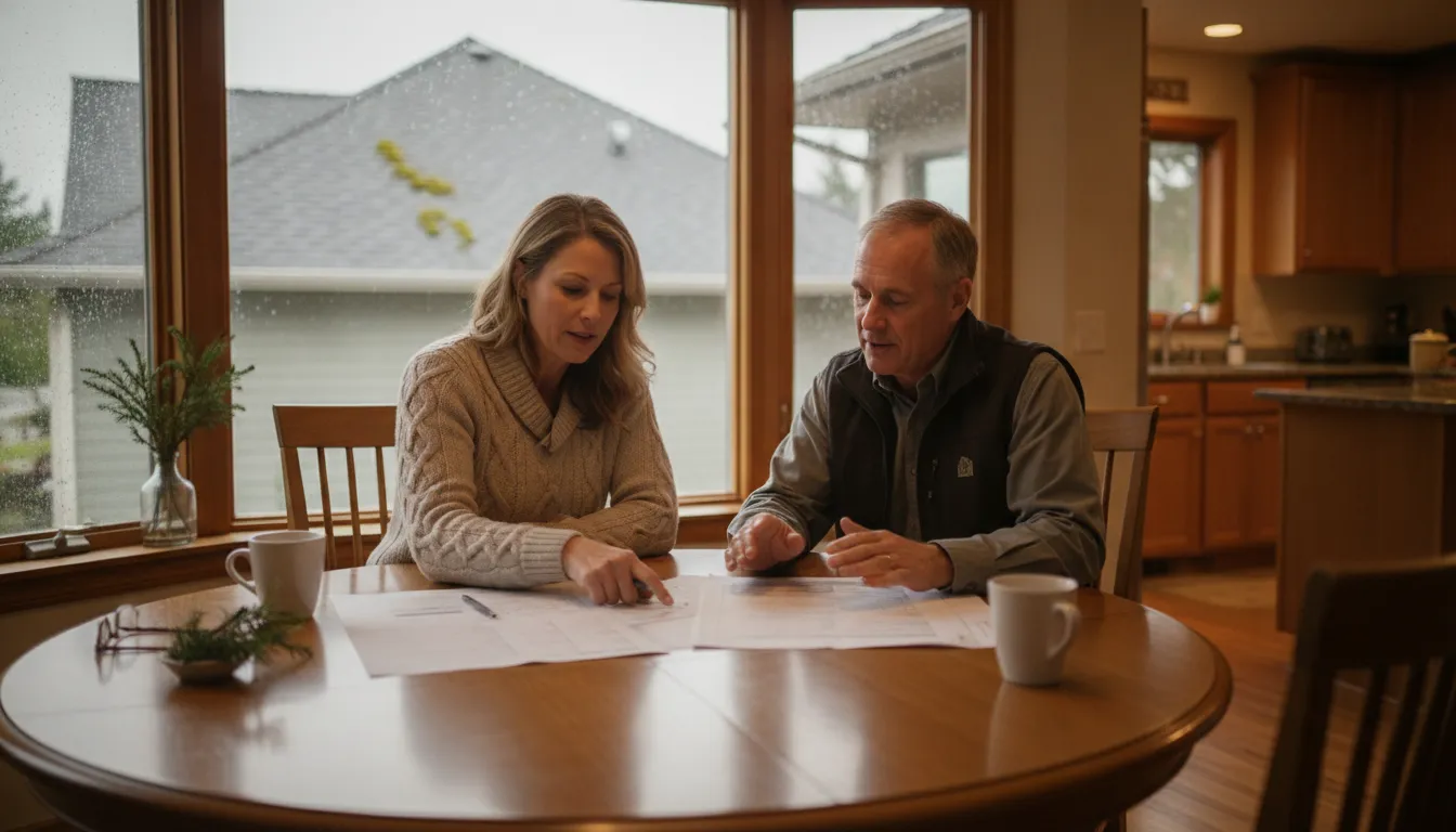 Homeowner comparing roofing proposals with a Seattle contractor