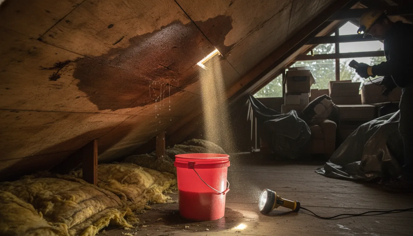 Attic water stain on roof deck showing active roof leak damage in a Seattle home