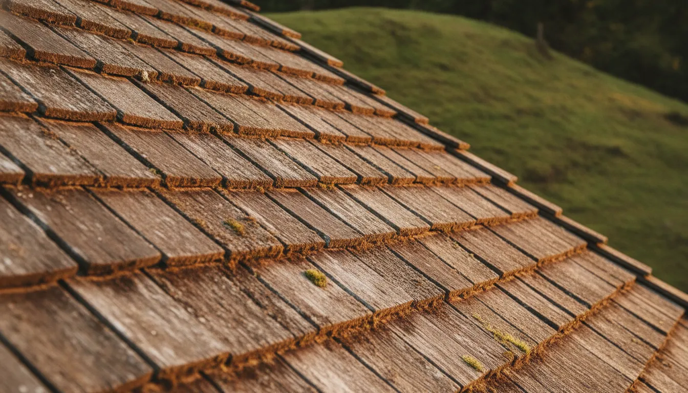 Close-up of overlapping cedar shake shingles on a Washington State roof showing the natural wood texture