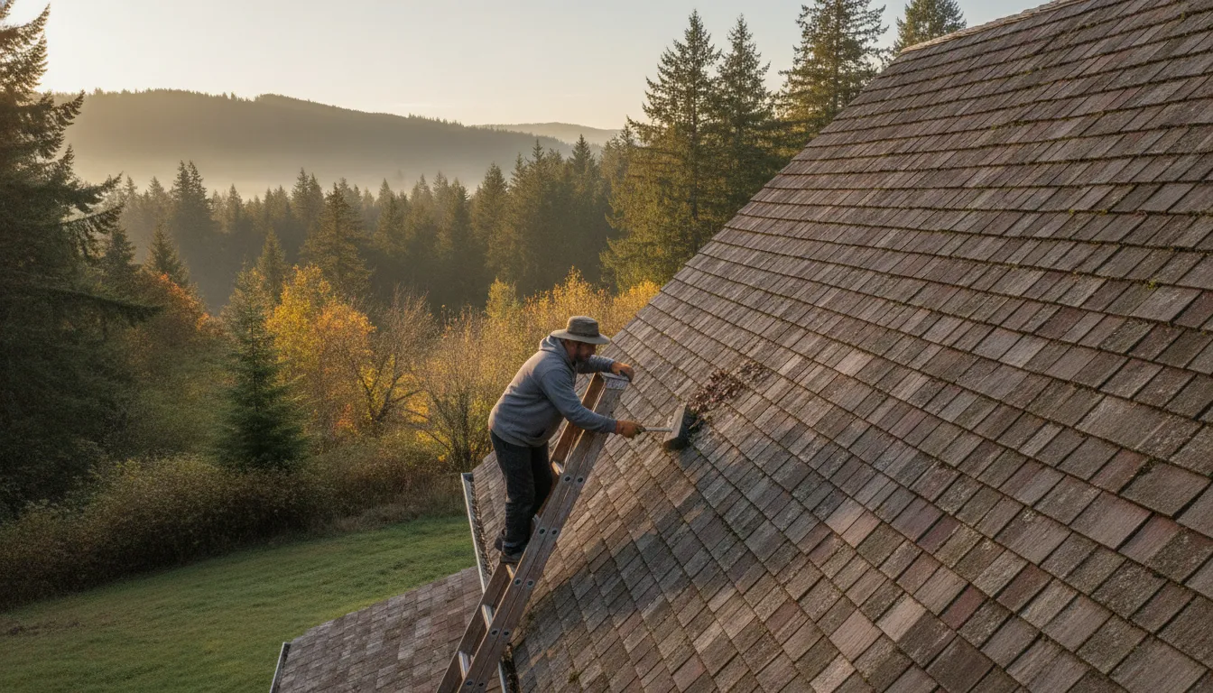 Homeowner clearing moss and debris from a cedar shingle roof