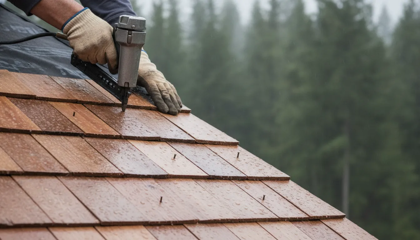 Roofer installing a western red cedar shingle on a Pacific Northwest roofline