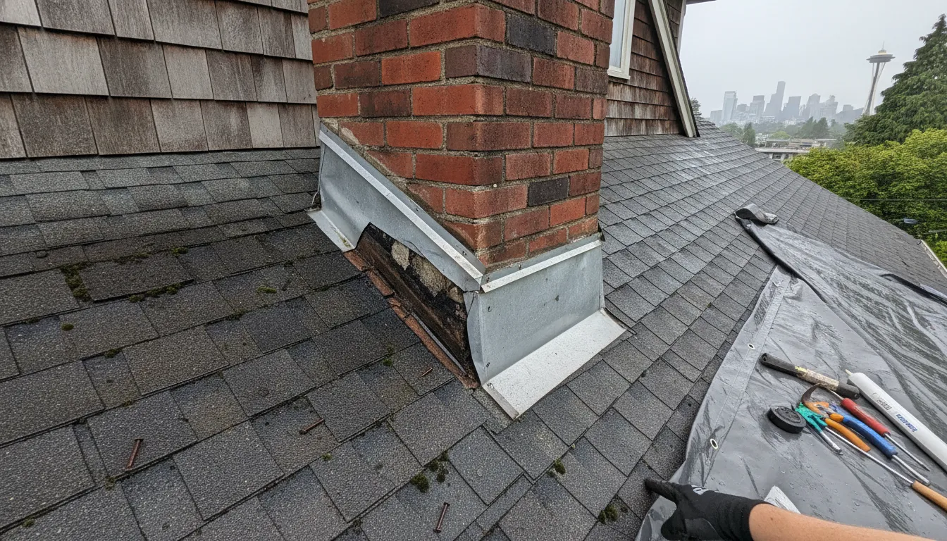 Damaged chimney flashing on a Seattle residential roof showing signs of water intrusion