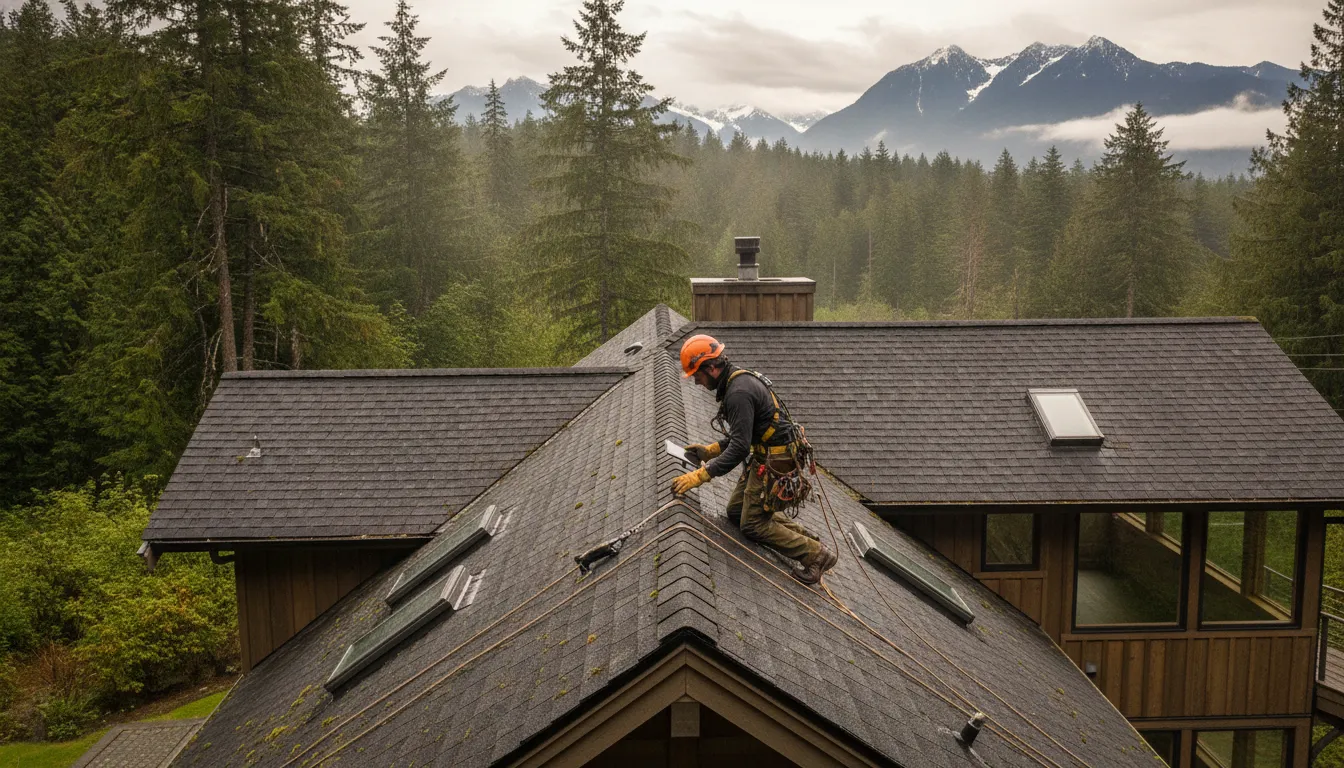 Professional inspecting a roof for wear after Washington rain