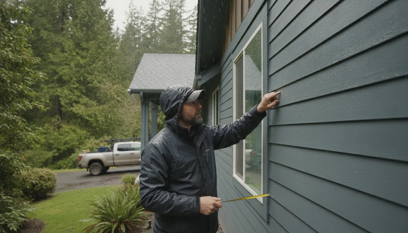 Contractor inspecting James Hardie siding installation and flashing