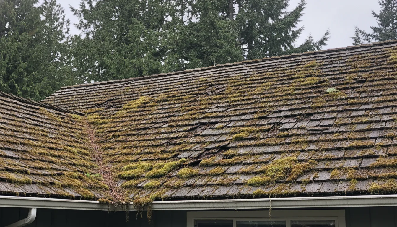 Moss damage and curling on aging cedar shakes showing signs of rot and decay on a Woodinville roof
