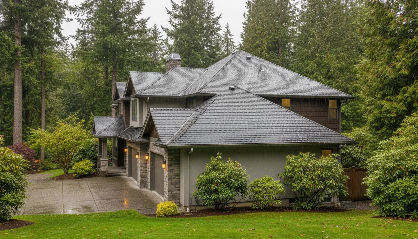 Roofing Redmond home with clean drainage and roof details after rain