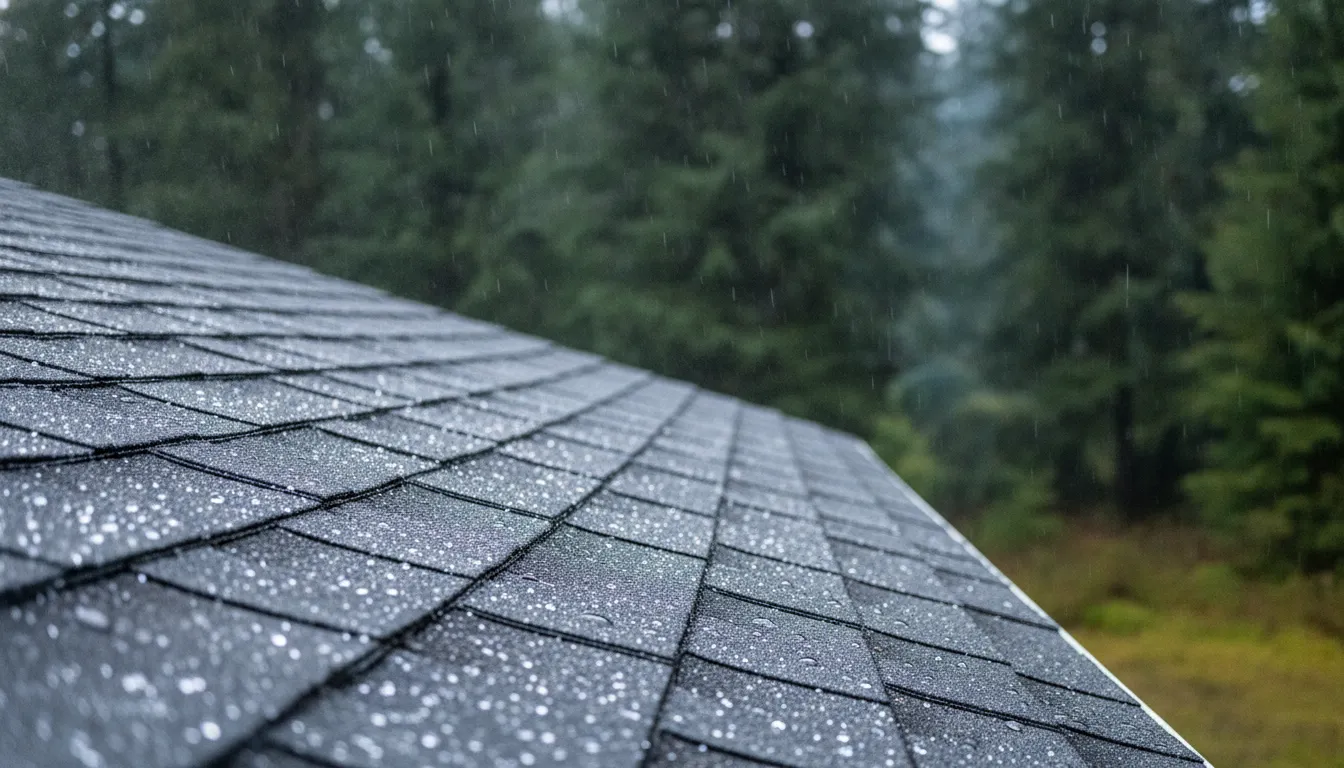 Rain droplets on architectural asphalt shingles selected for Pacific Northwest homes