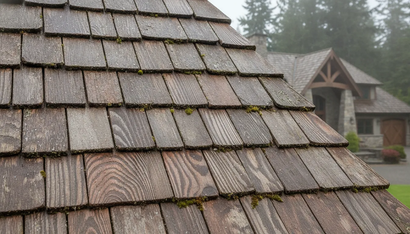 Close-up texture of premium Western red cedar hand-split and tapersawn shakes on a Woodinville estate roof