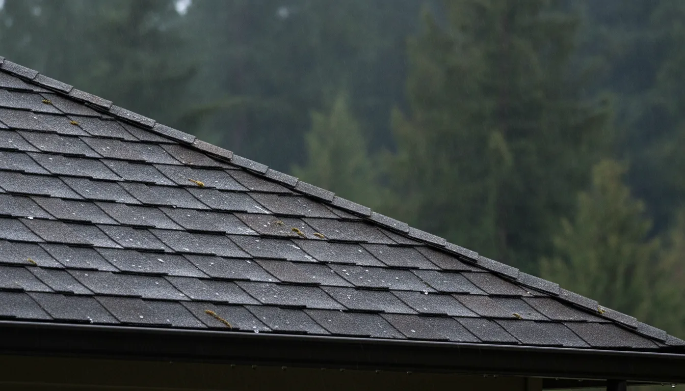 Architectural asphalt shingles with rain droplets on a Pacific Northwest roof