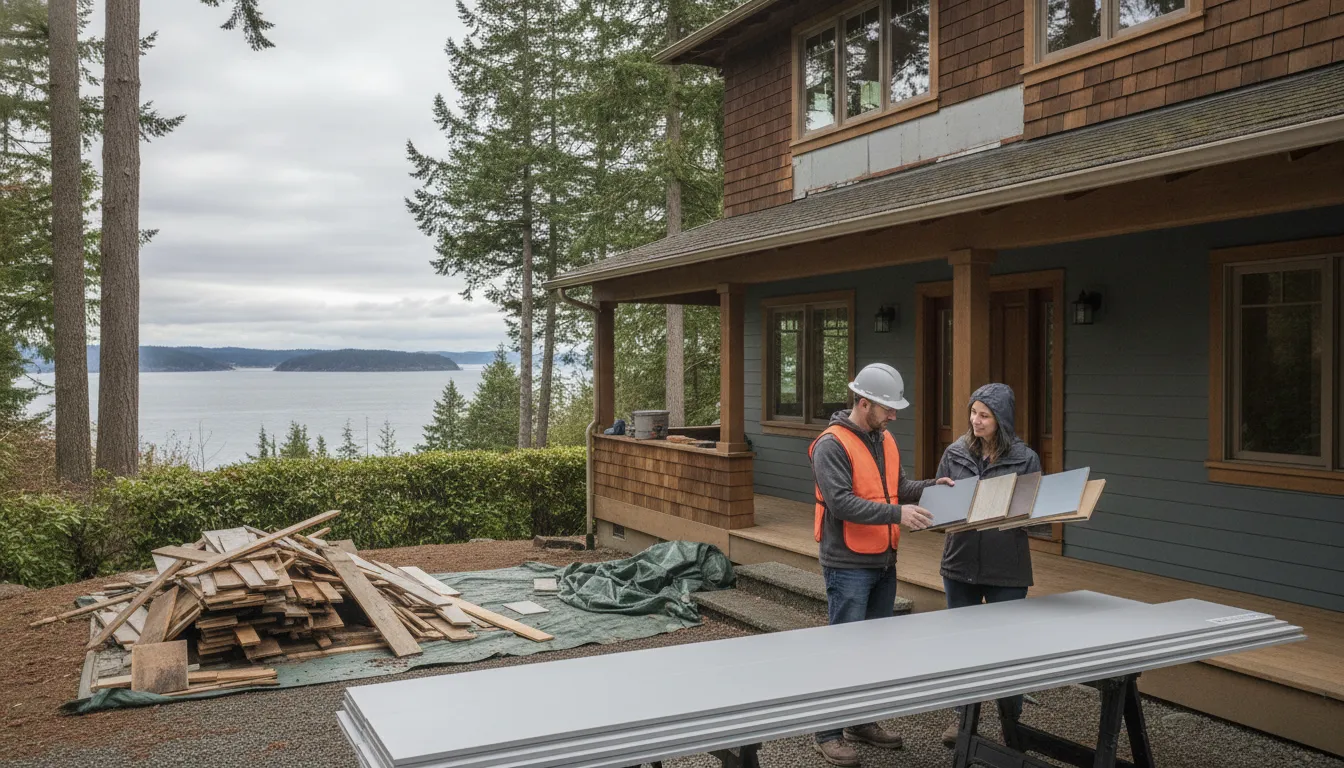 Washington homeowner reviewing siding material choices for a siding replacement estimate