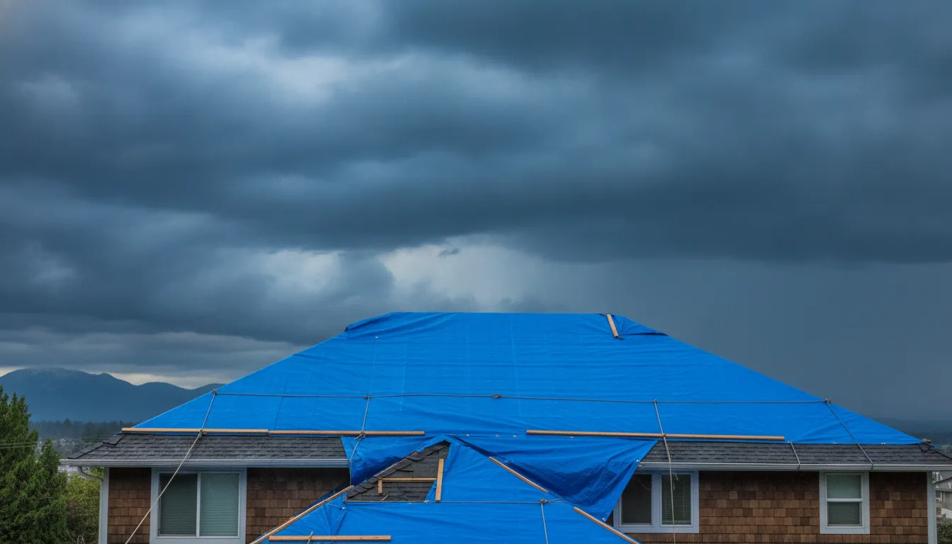 Professional roofing contractor installing a heavy-duty reinforced tarp over a damaged Seattle residential roof section using wooden batten strips for secure wind-resistant fastening