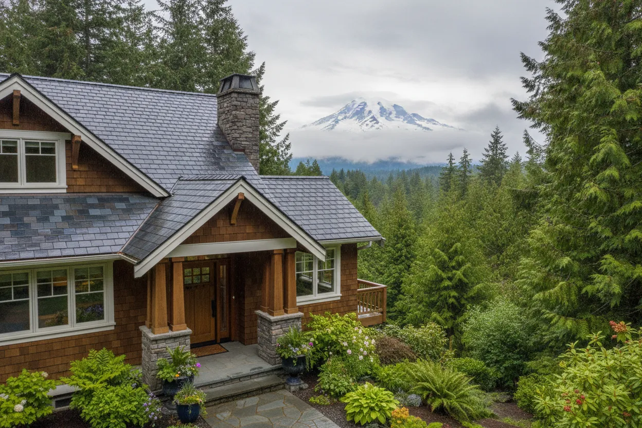 Puget Sound home with a synthetic slate-look roof surrounded by evergreen trees