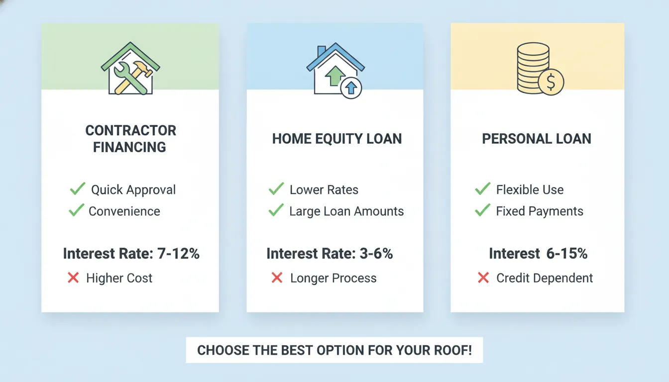 Side-by-side comparison of roof financing options including contractor financing, home equity loans, and personal loans with rate ranges