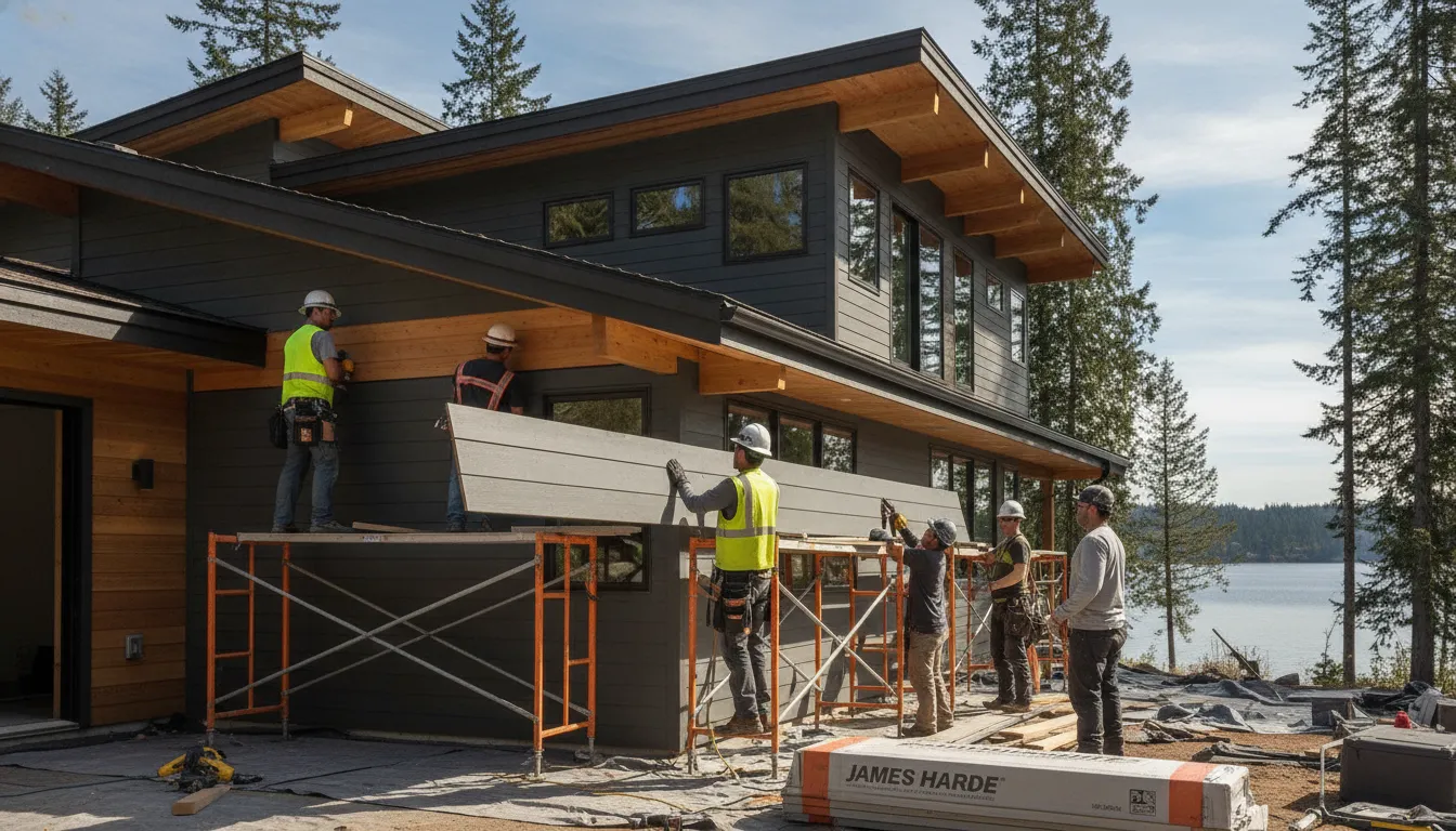 Professional siding crew installing fiber cement James Hardie planks on a Washington home exterior