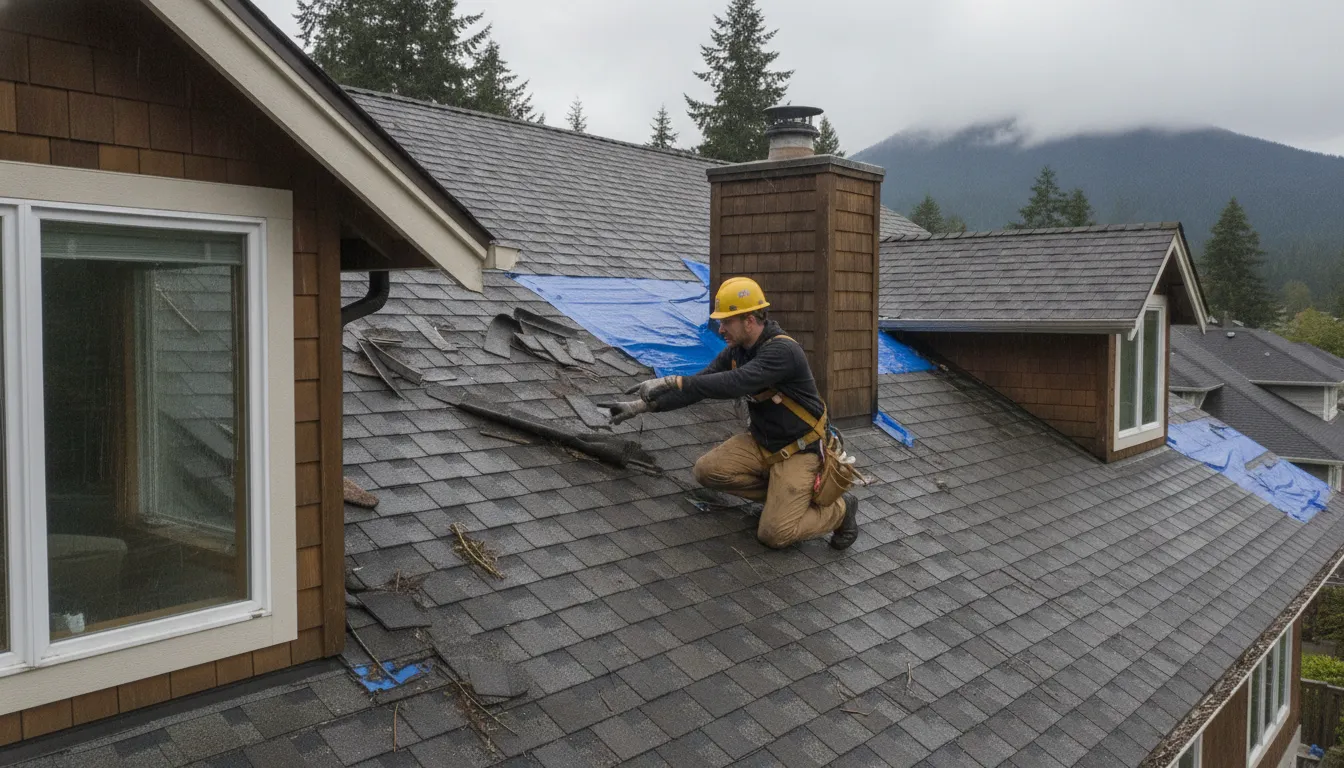 Professional roofer inspecting a residential roof for storm damage with clipboard and overcast Washington sky