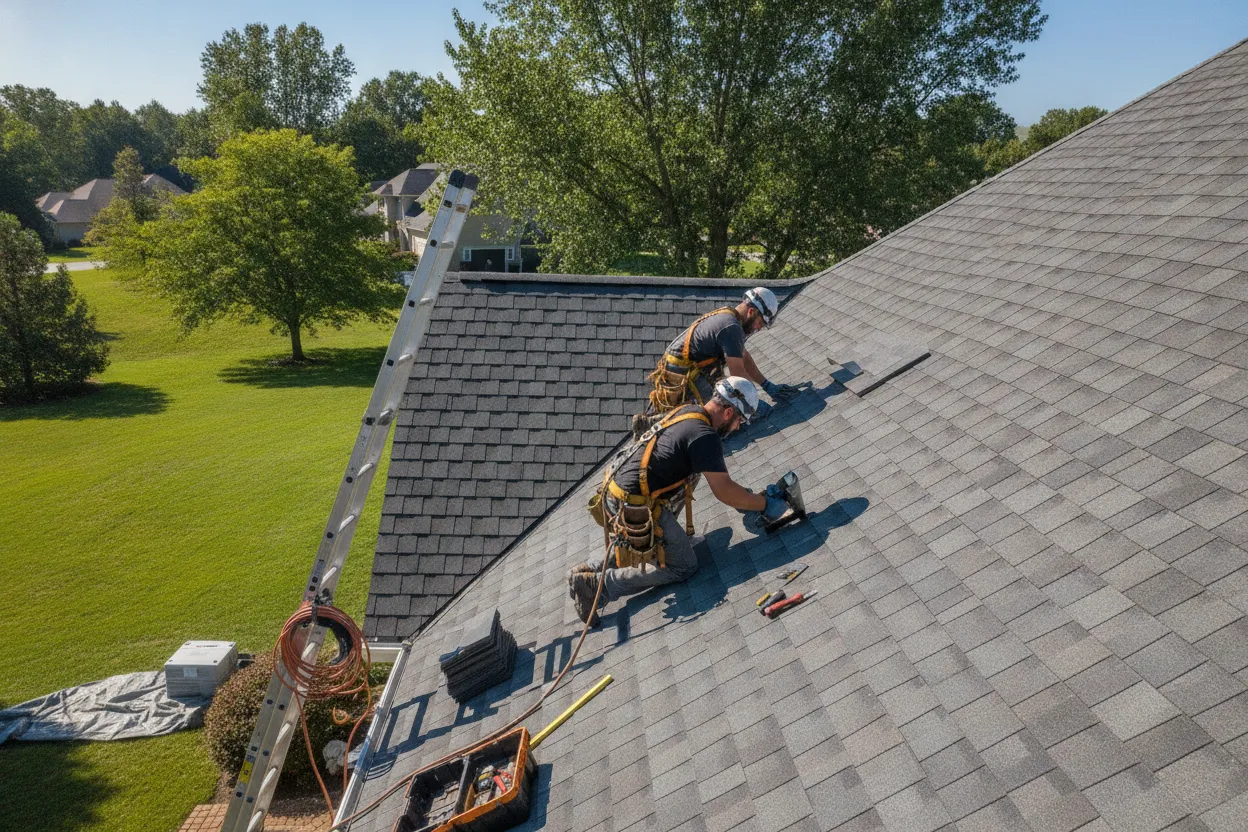 Roofing professionals installing synthetic slate shingles on a residential roof
