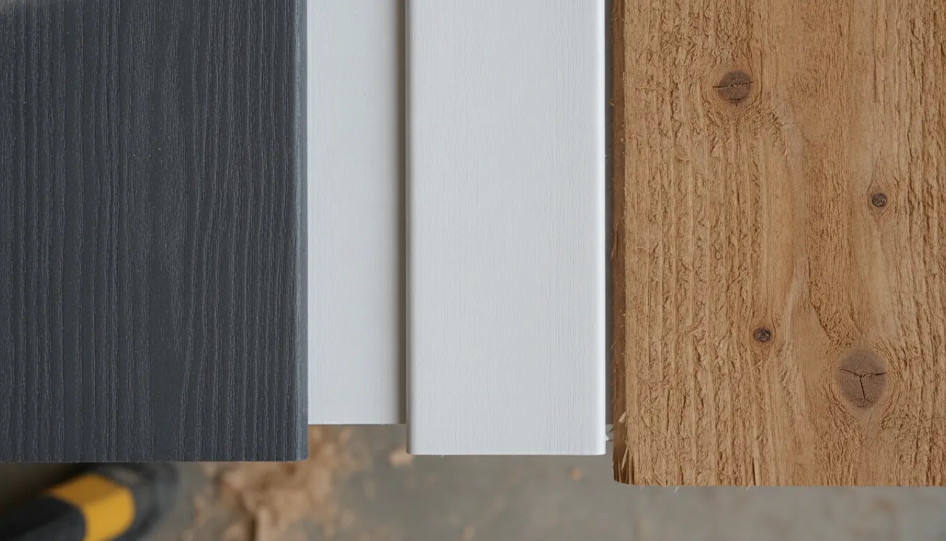 Comparison of fiber cement, vinyl, and wood siding materials showing texture and grain differences