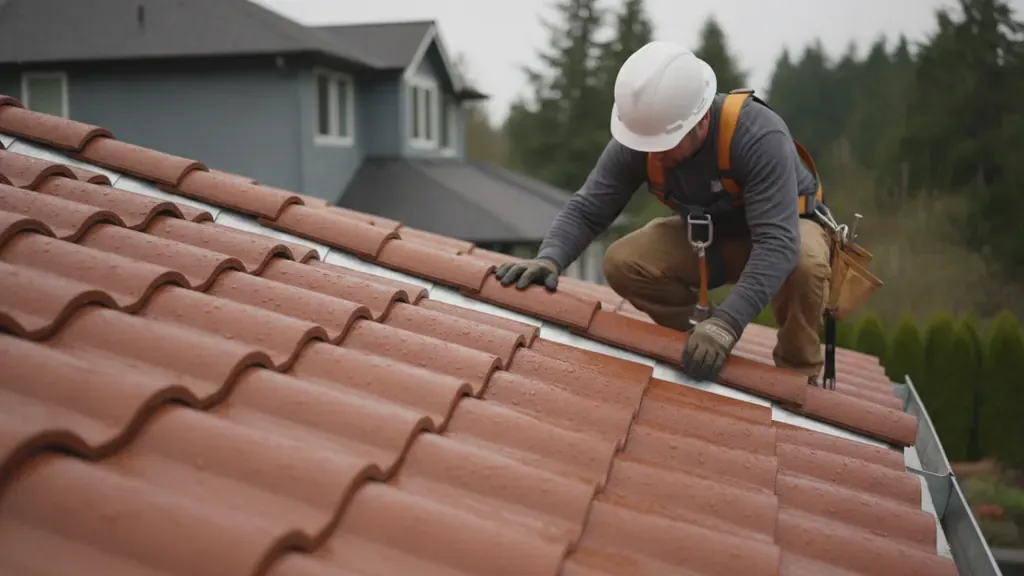 Roofer inspecting wet synthetic Spanish roof tiles and flashing