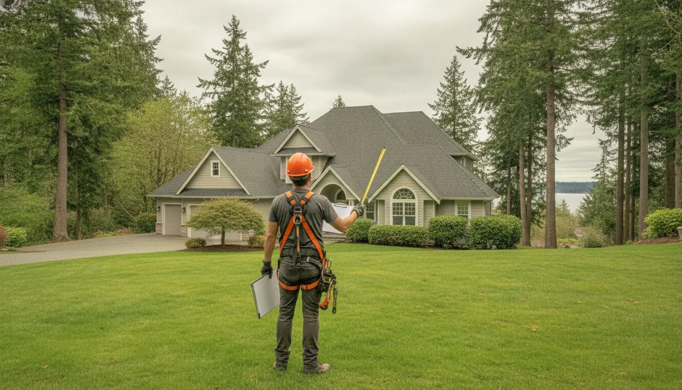 Roofer inspecting roof planes on a Washington home