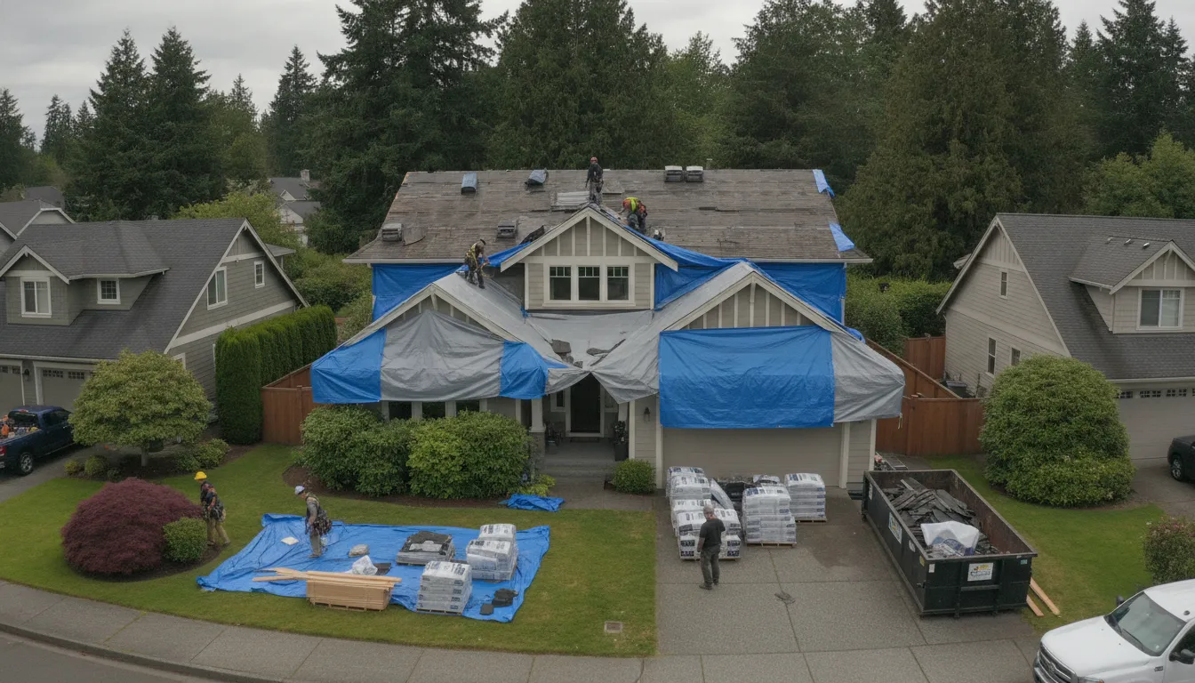 Roofing crew preparing a Washington home for replacement
