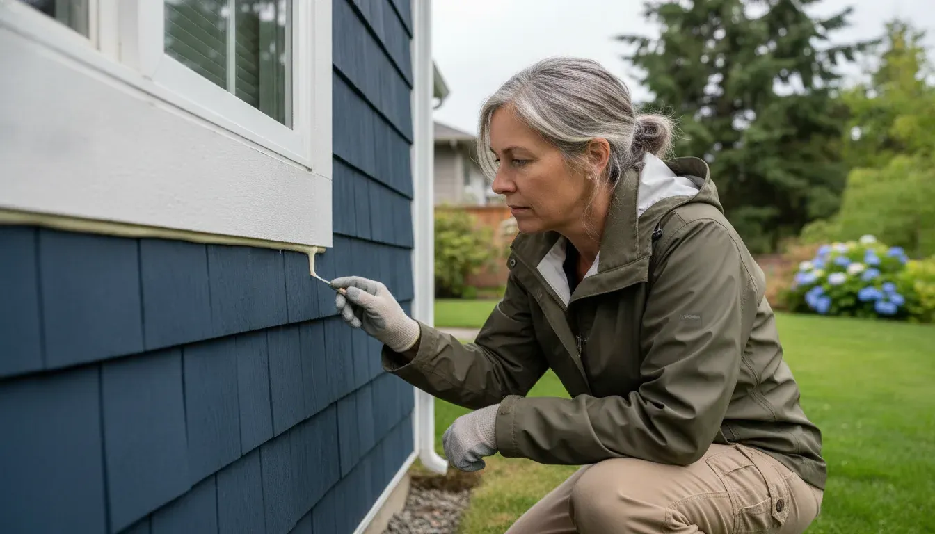 Homeowner inspecting siding caulk around window trim on a Puget Sound home