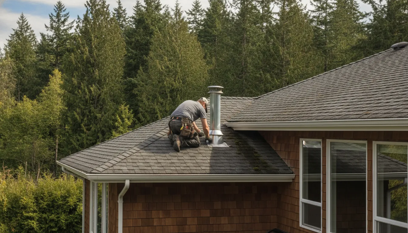 Roofing professional inspecting shingles and flashing on a Washington home